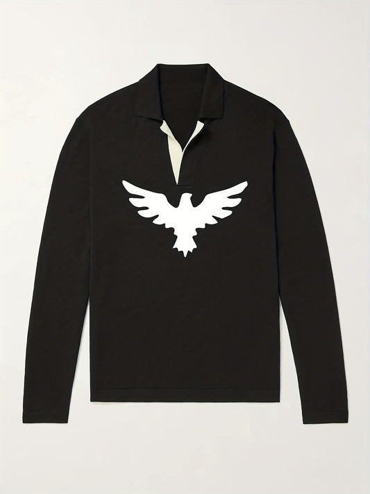 Eagle Pattern Knit Polo Men's Sweater V Neck Pullover For Winter