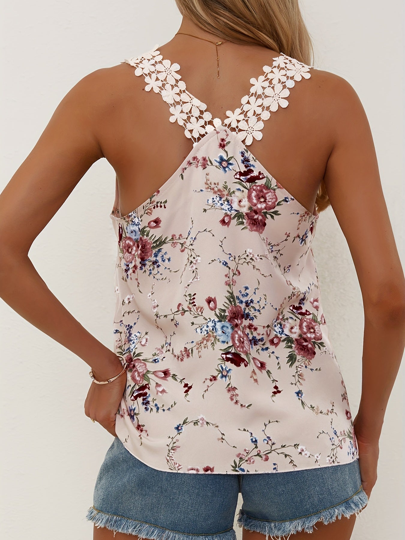 Floral Print Lace Strap V Neck Sleeveless Top
