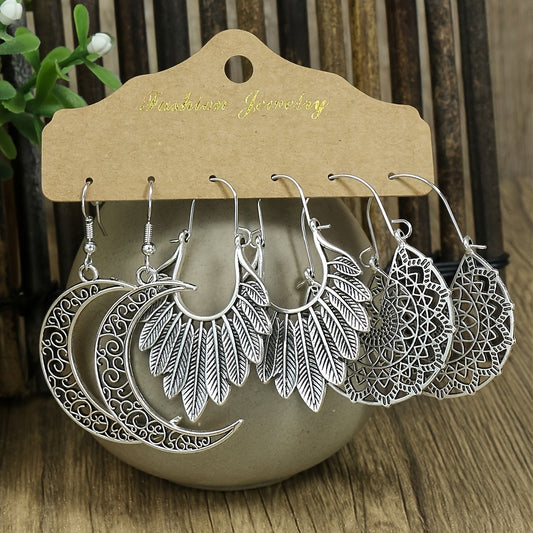 Retro Style Antique Silver 3 Pairs Earrings Set
