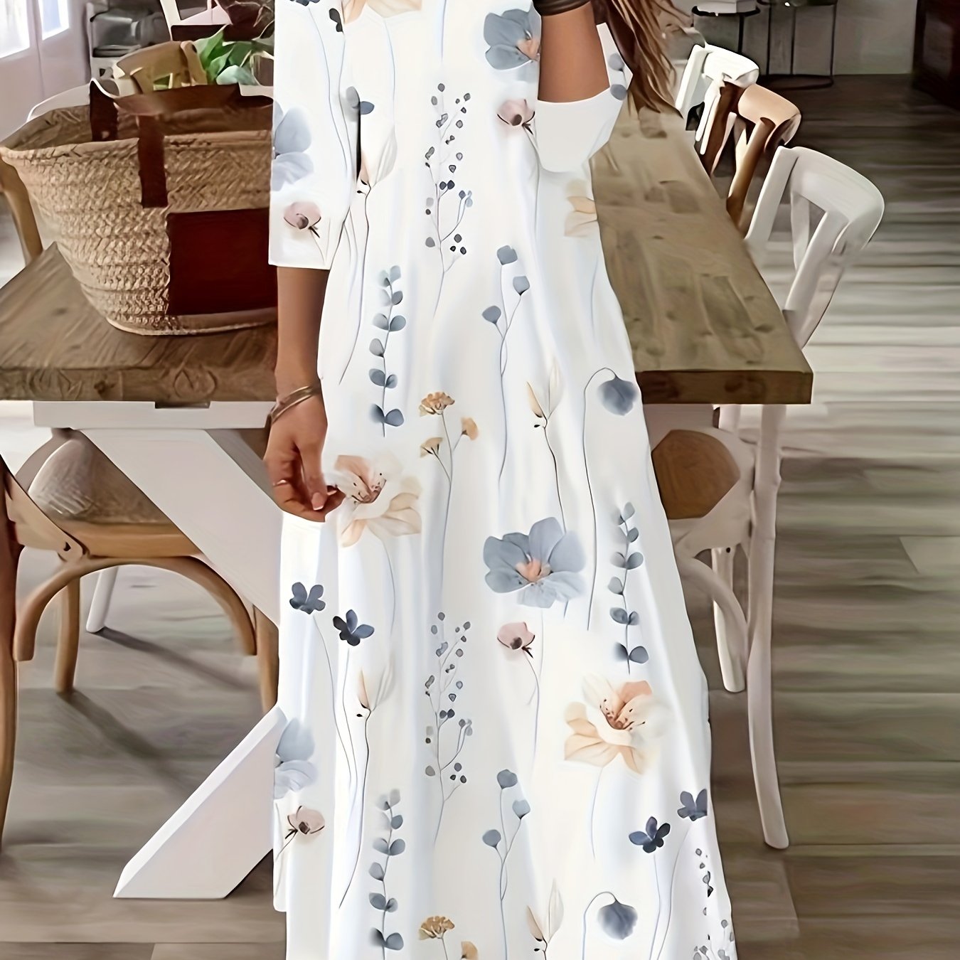Floral Print Short Sleeve Square Neck Maxi Dress
