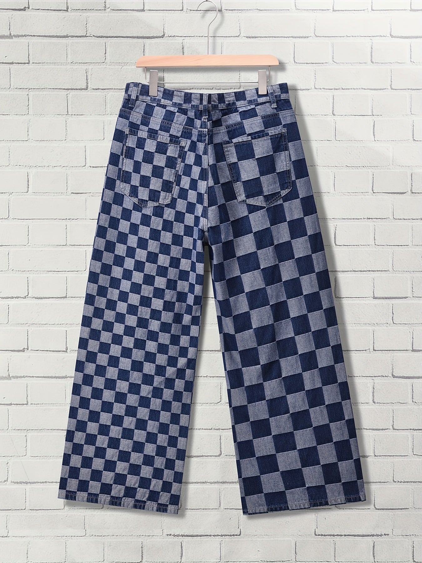  Checkboard Print High Waist Wide Leg Jeans