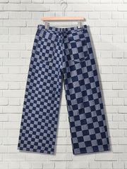  Checkboard Print High Waist Wide Leg Jeans
