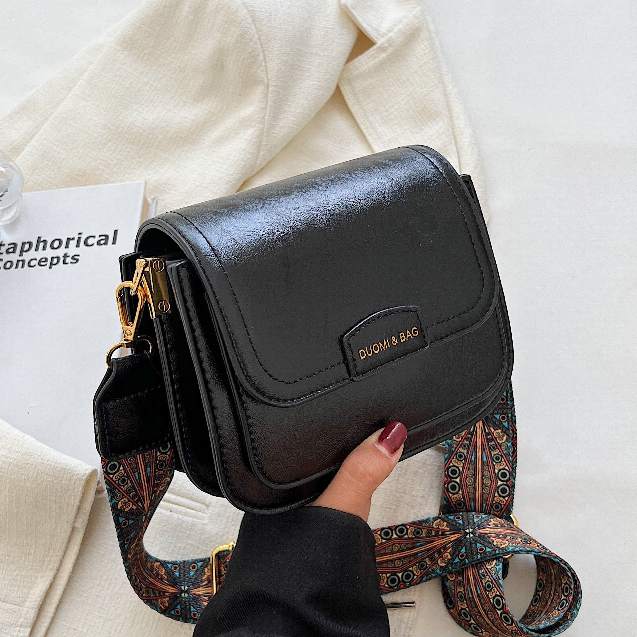 Vintage Pattern Crossbody Bag with Wide Strap