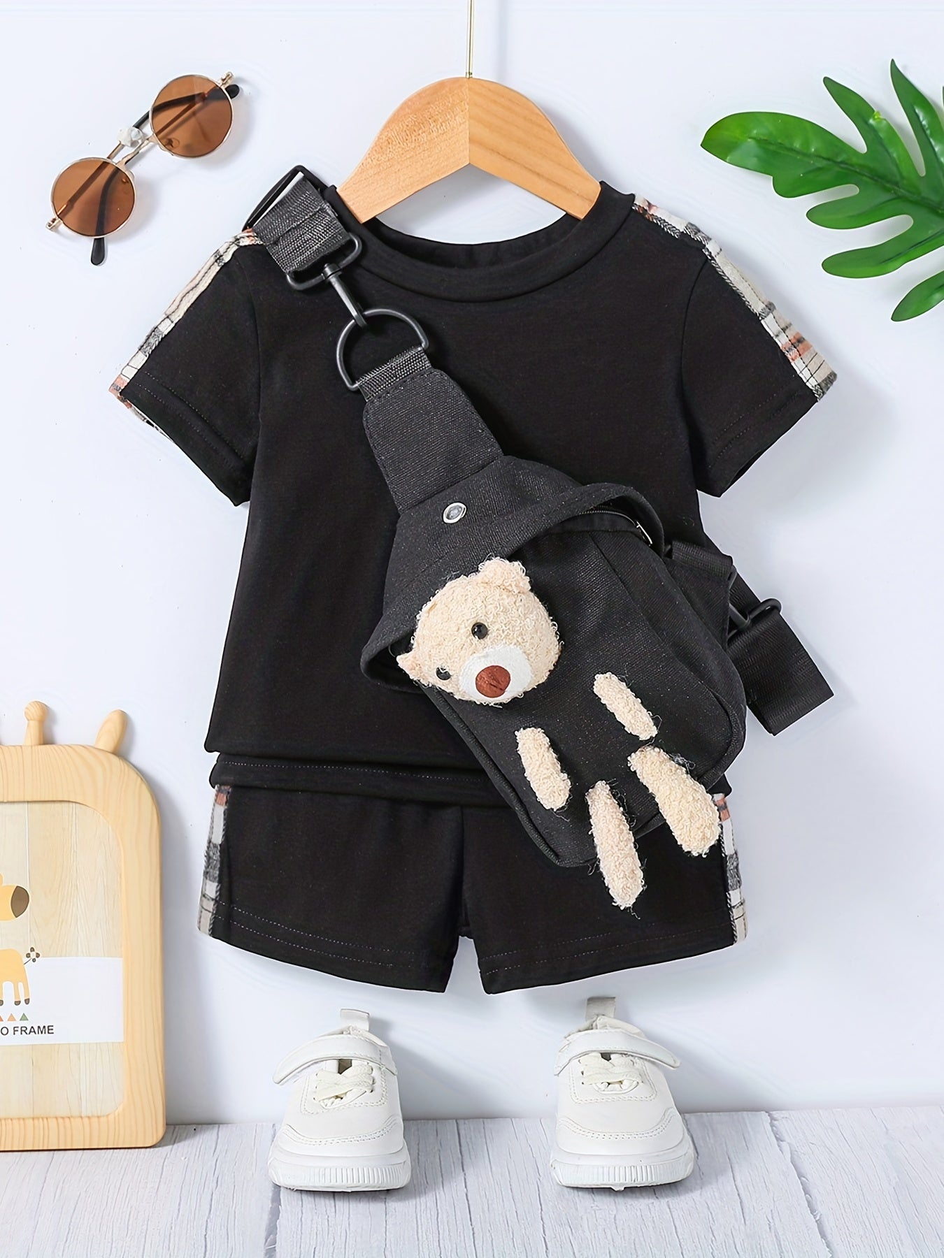 Toddler Boys Casual Outfit Set with T-shirt, Shorts, and Bear Bag