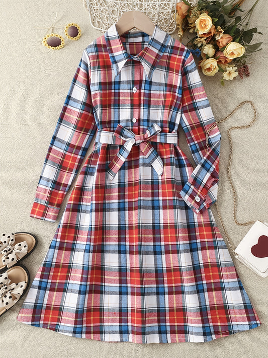 Plaid Shirt Dress Long Sleeve Button Down Girls School Dresses