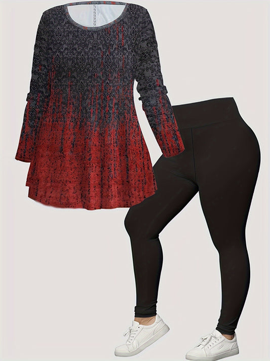  Geo & Ombre Print Peplum Top & Leggings 2 Piece Set