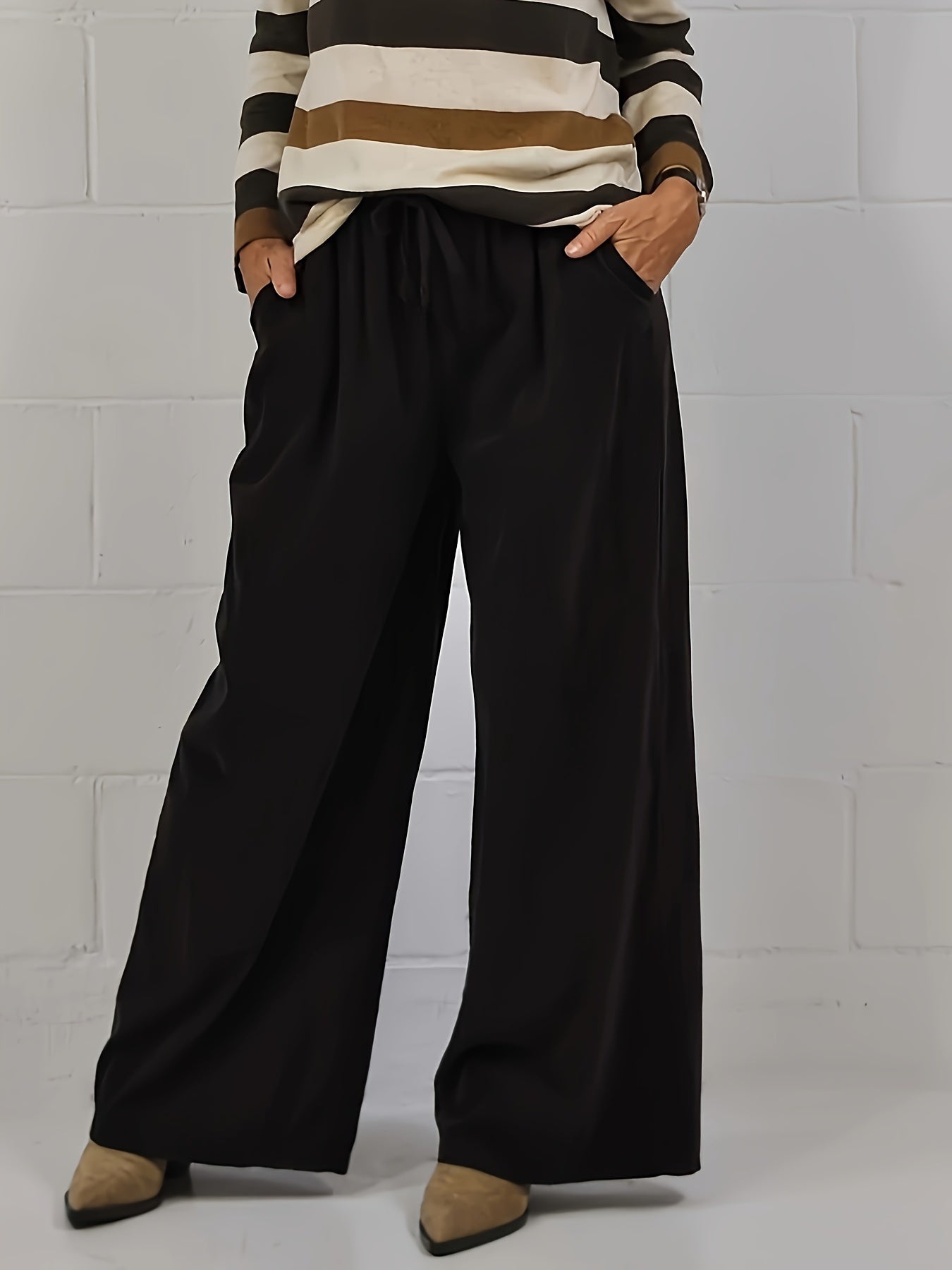  Solid High Rise Wide Leg Trousers With Pockets