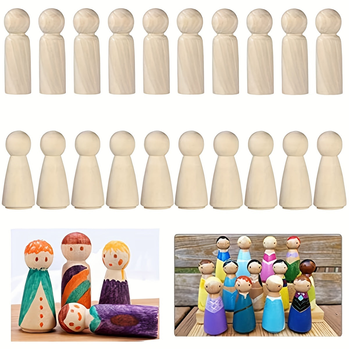 20pcs Unfinished Wooden Peg Dolls Angel DIY Natural Doll Bodies