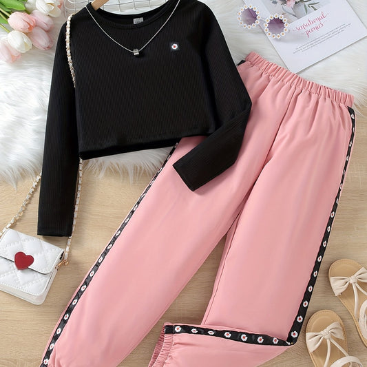 Girls Pink Daisy Flower Top & Trousers Set for Spring Fall