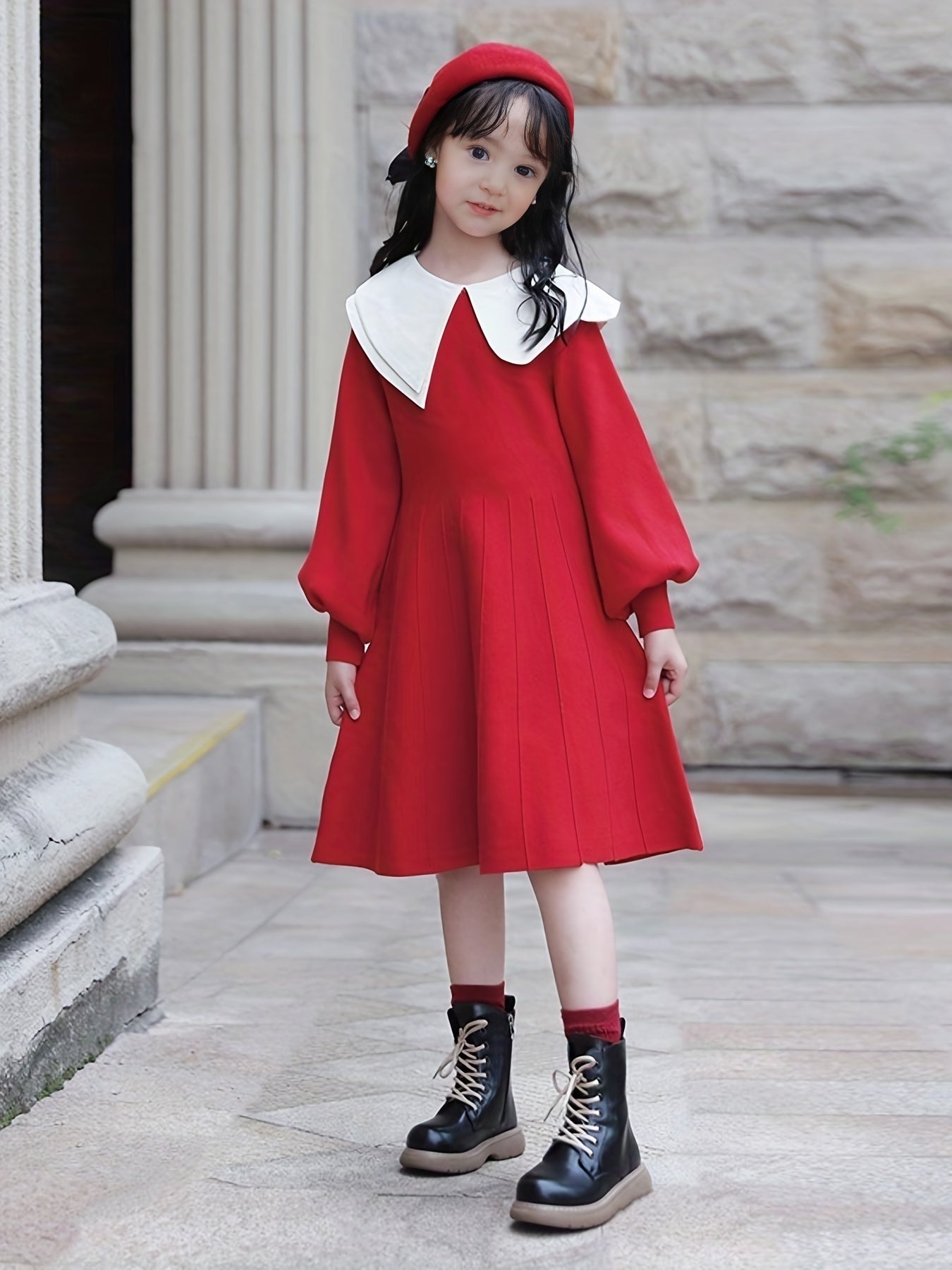 Girls Comfy Cotton Dress Lantern Sleeve Collar Dress Spring Fall Winter