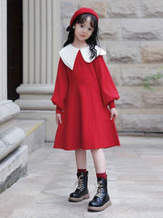 Girls Comfy Cotton Dress Lantern Sleeve Collar Dress Spring Fall Winter