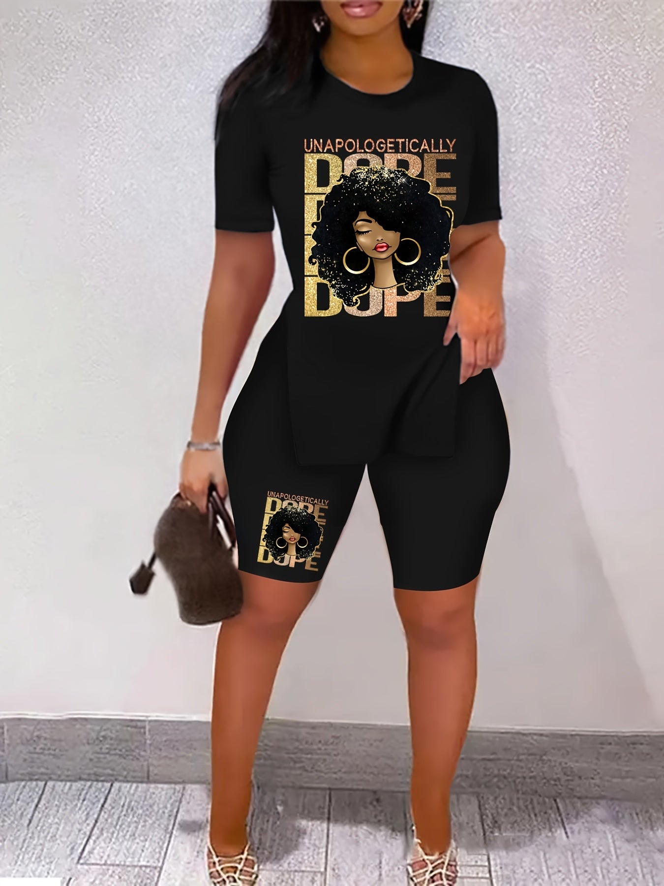 Lady Print Two piece Set Short Sleeve Crew Neck Side Split C