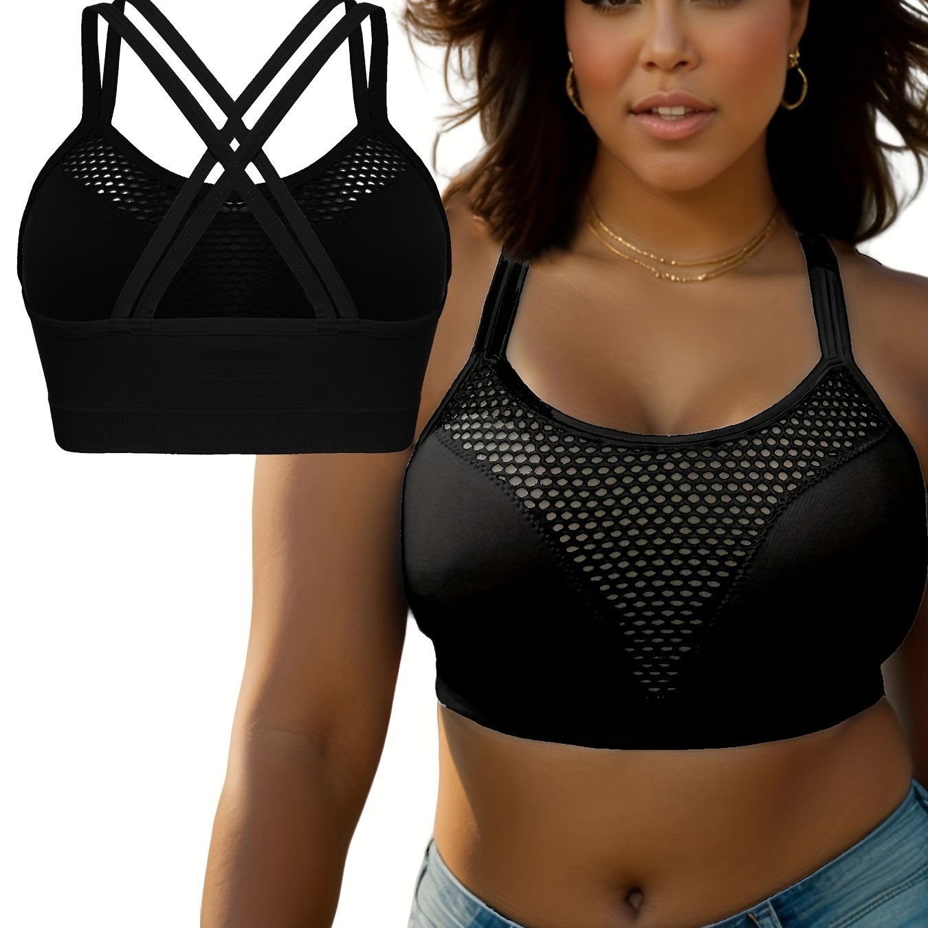  Sports Bra Solid Hollow Out Round Neck Criss Cross Bra