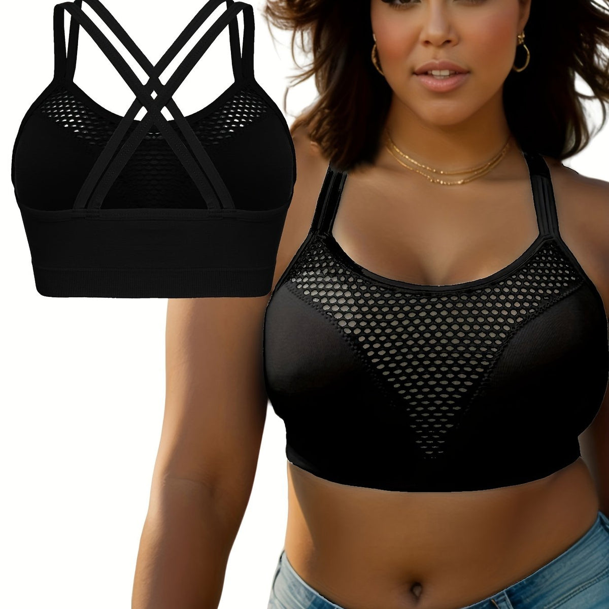  Sports Bra Solid Hollow Out Round Neck Criss Cross Bra