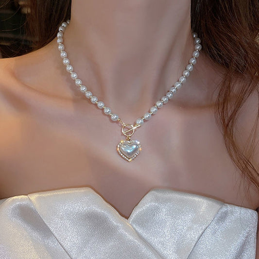 Faux Pearls Beads Necklace Heart Shape Pendant Lovely Neck Jewelry