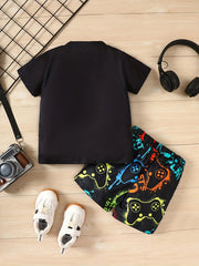 Boys Gamepad Skateboard Print Outfit T shirt & Shorts Kids Summer Clothes
