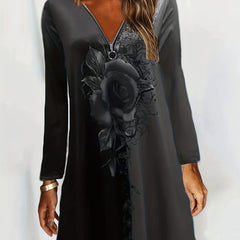  Colorblock Floral Print Zipper Long Sleeve V Neck Dress