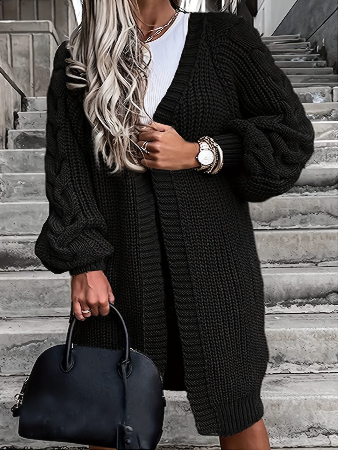  Cable Lantern Sleeve Open Front Cardigan