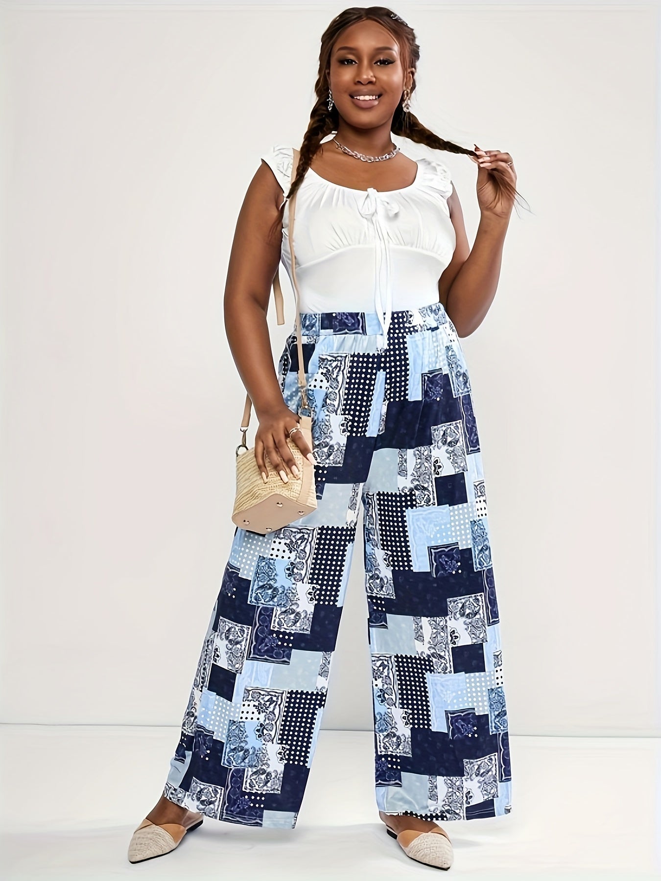  Patchwork Print Elastic High Rise Wide Leg Trousers