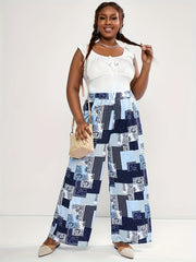  Patchwork Print Elastic High Rise Wide Leg Trousers