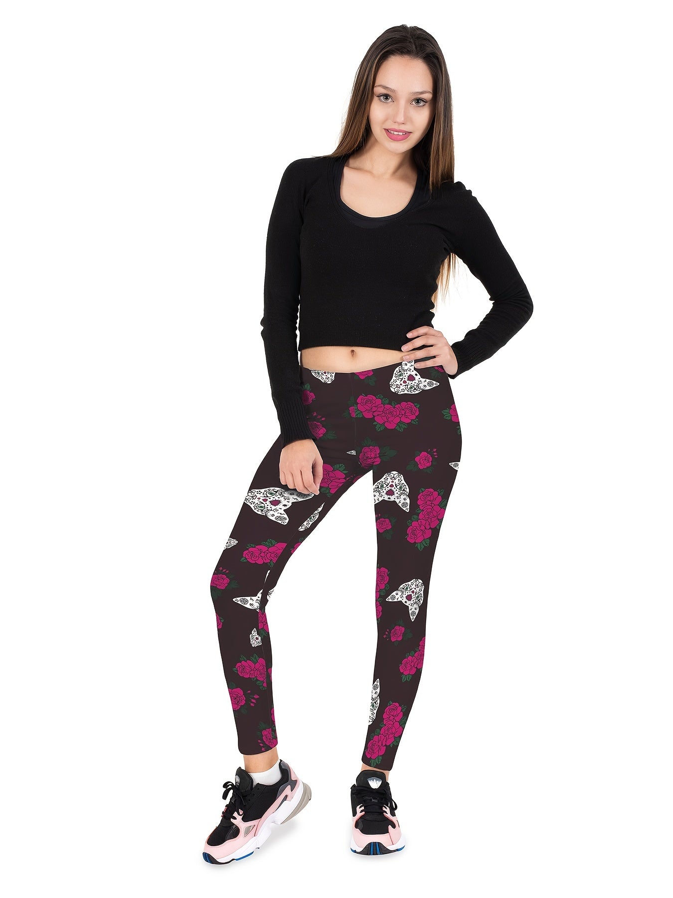 Floral & Cat Print High Waist Leggings