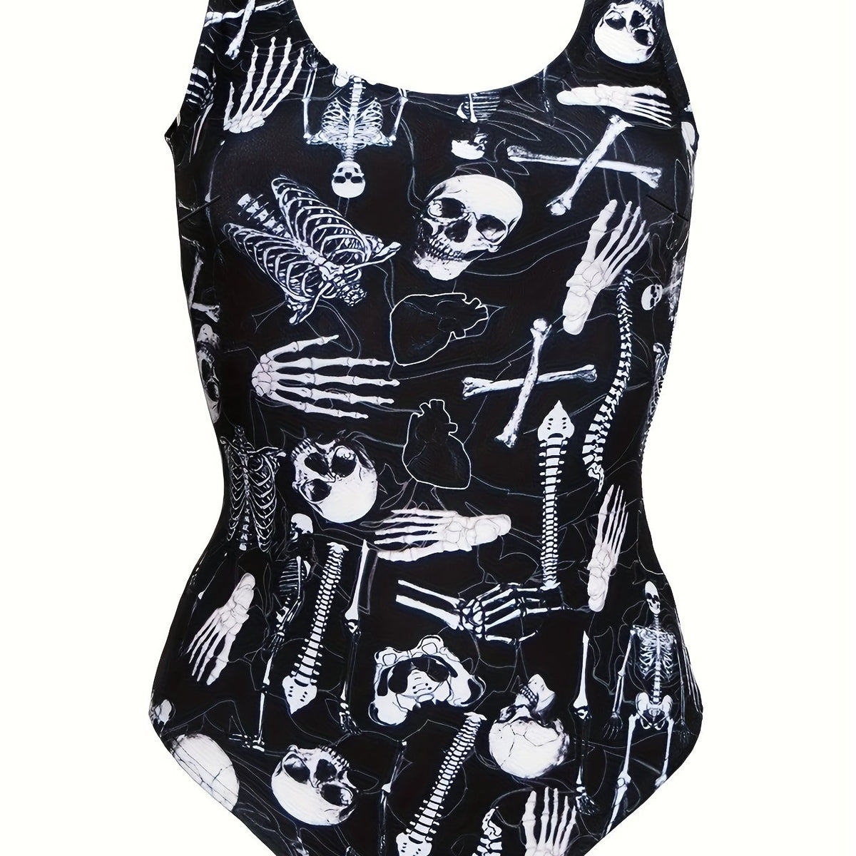  Skeleton Print Round Neck One Piece Bathing Suit