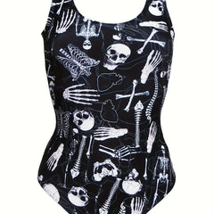  Skeleton Print Round Neck One Piece Bathing Suit