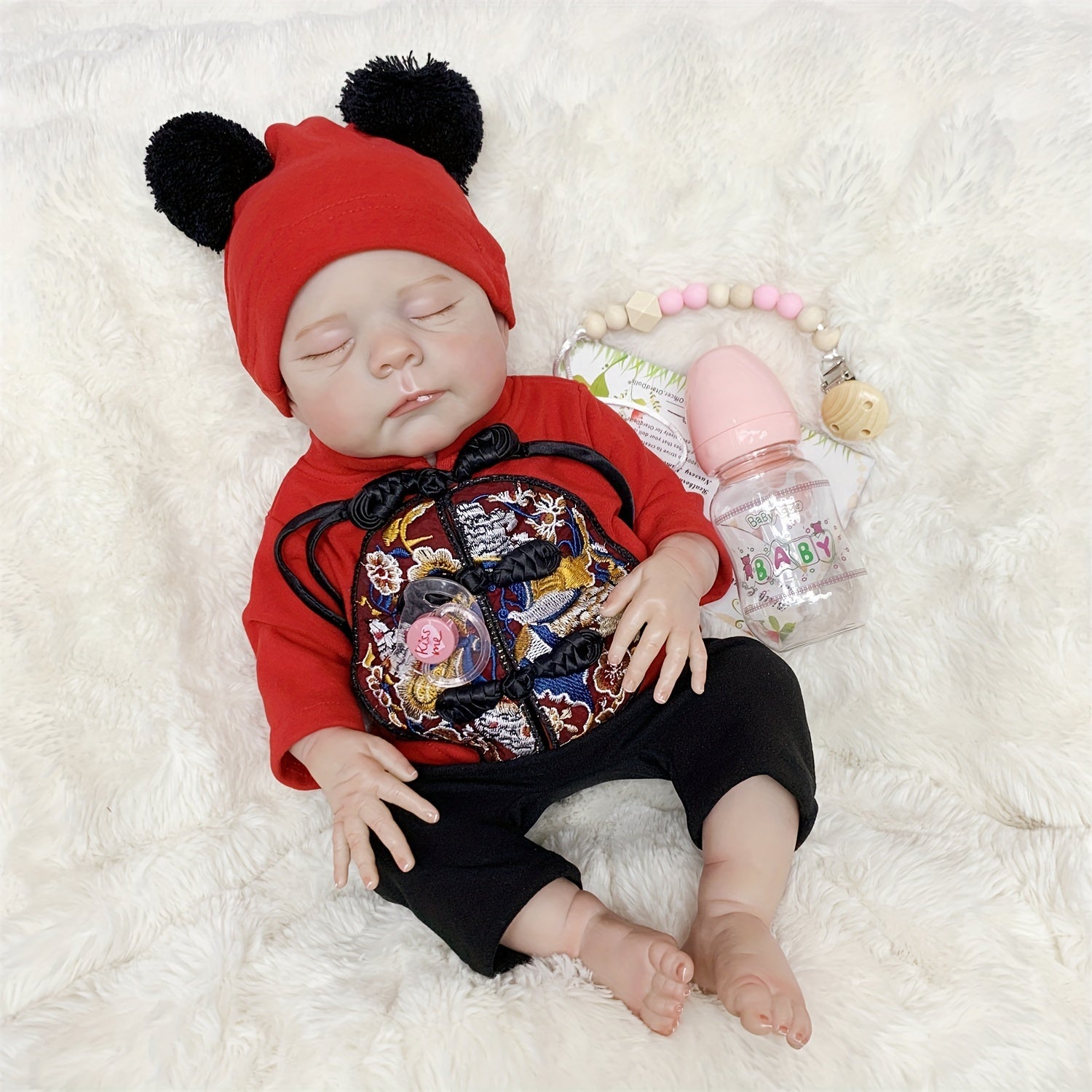 18 Inch Lifelike Reborn Girl Doll with Red Floral Onesie