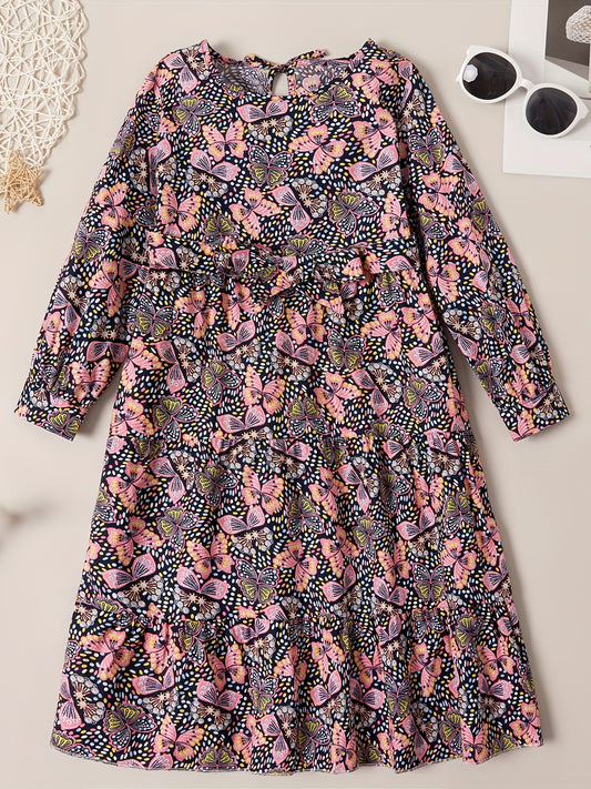 Girl's Butterfly Allover Graphic Long Sleeve Dress For Party