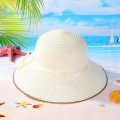 Golden Edge Straw Hat With Ribbon Sun Protection Vacation Hat