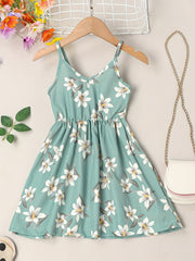 Girls Sundress Floral Pattern V Neck Elastic Waist Camisole Dress