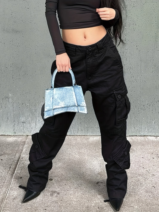 Dark Gray Cargo Pants Relaxed Fit Straight Leg Jeans Y2K Vintage Style