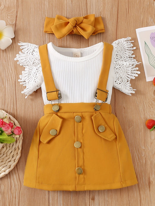 3pcs Baby Girls Casual Top & Suspender Skirt Set