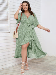  Ditsy Print Short Sleeve Wrap Dress With Belt