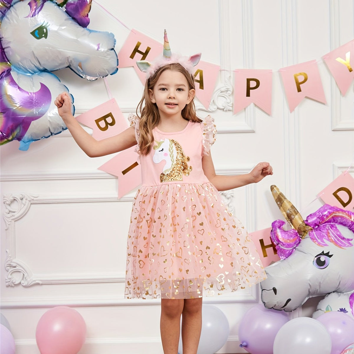 Girls Unicorn Embroidery Heart Patchwork Dress