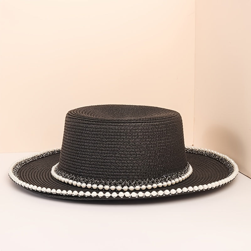 Faux Pearl Decor Sun Hat Flat Top Jazz Fedora Cap Women