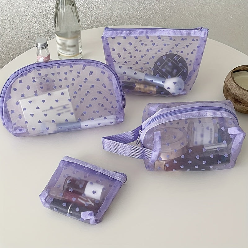 Purple Mesh Makeup Bag Heart Pattern Cosmetic Zipper Pouch