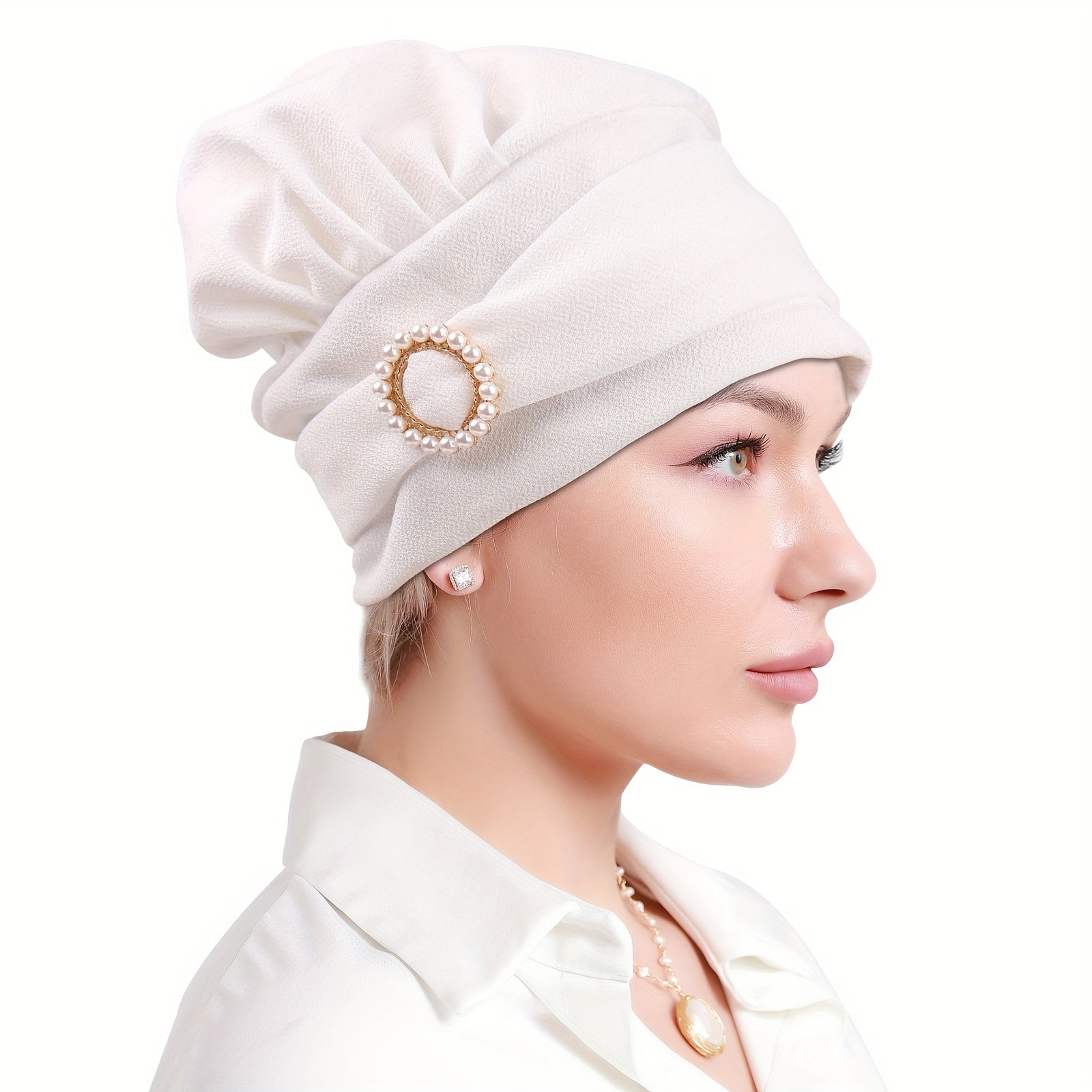 Faux Pearl Decor Turban Caps Solid Hijab Head Scarf Elastic Bonnet Headband