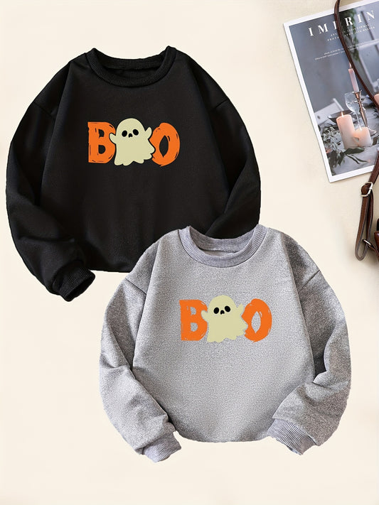 2pcs Boo Print Sweatshirt For Boys Casual Graphic Stretch Fabric Autumn Winter