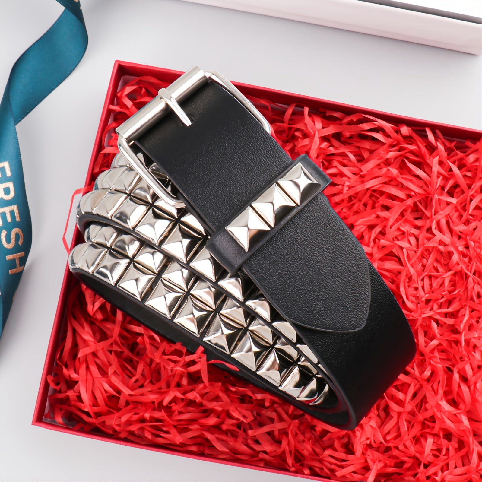 Pyramid Men's Belt - Genuine Leather Black Dress Belt with Silver Buckle