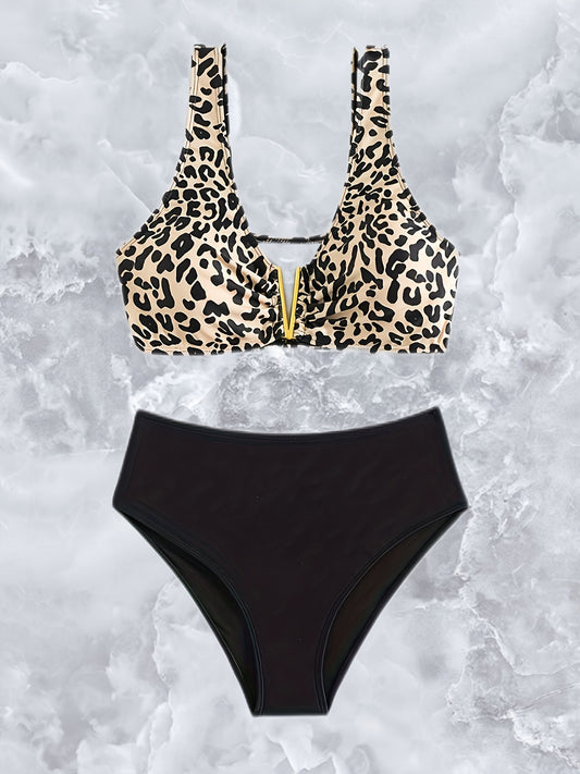 Leopard Print 2 Piece Bikini Set Stretchy High Waist Swimsuit