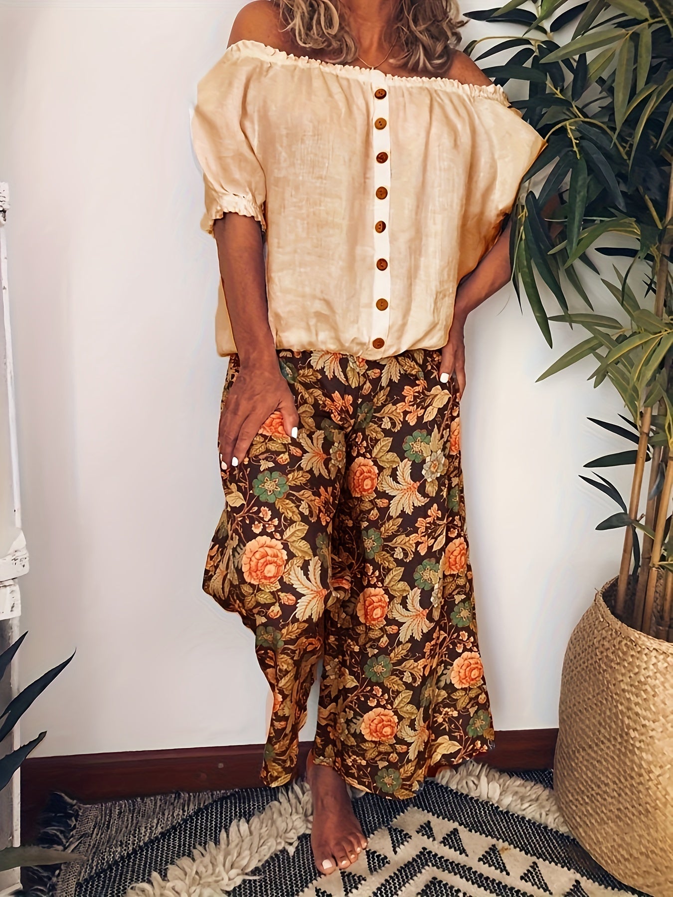  Floral Print Wide Leg Pants