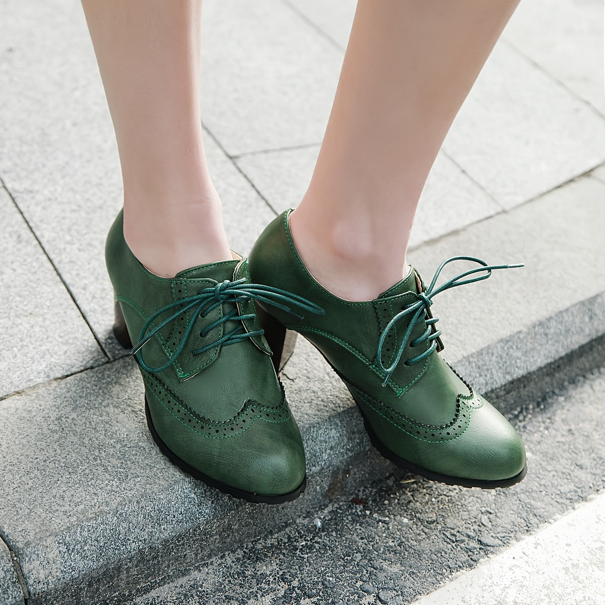 Green High Heel Oxfords Lace Up Faux Leather Stacked Heel Shoes
