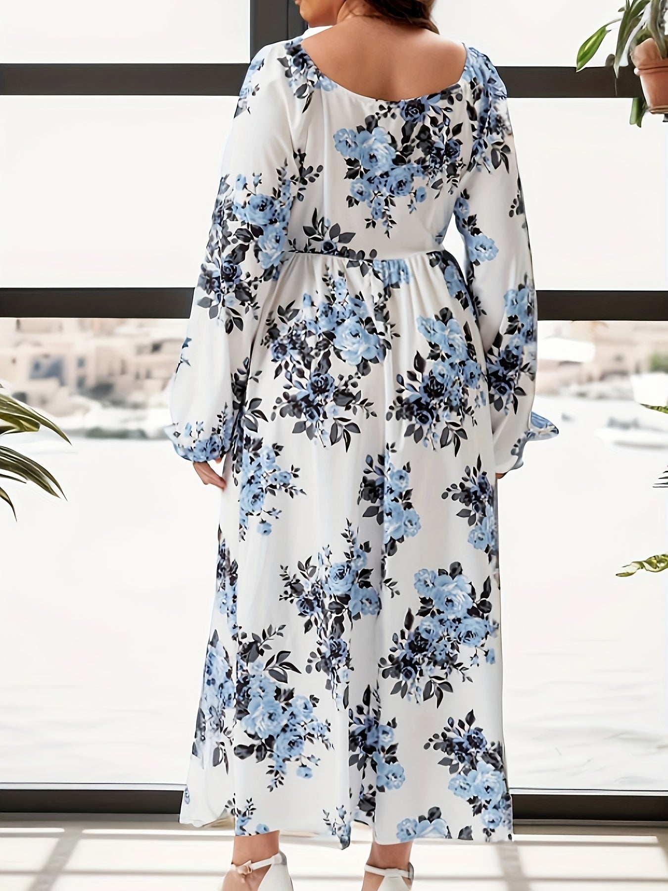 Floral Print Lantern Sleeve Maxi Dress Plus Size