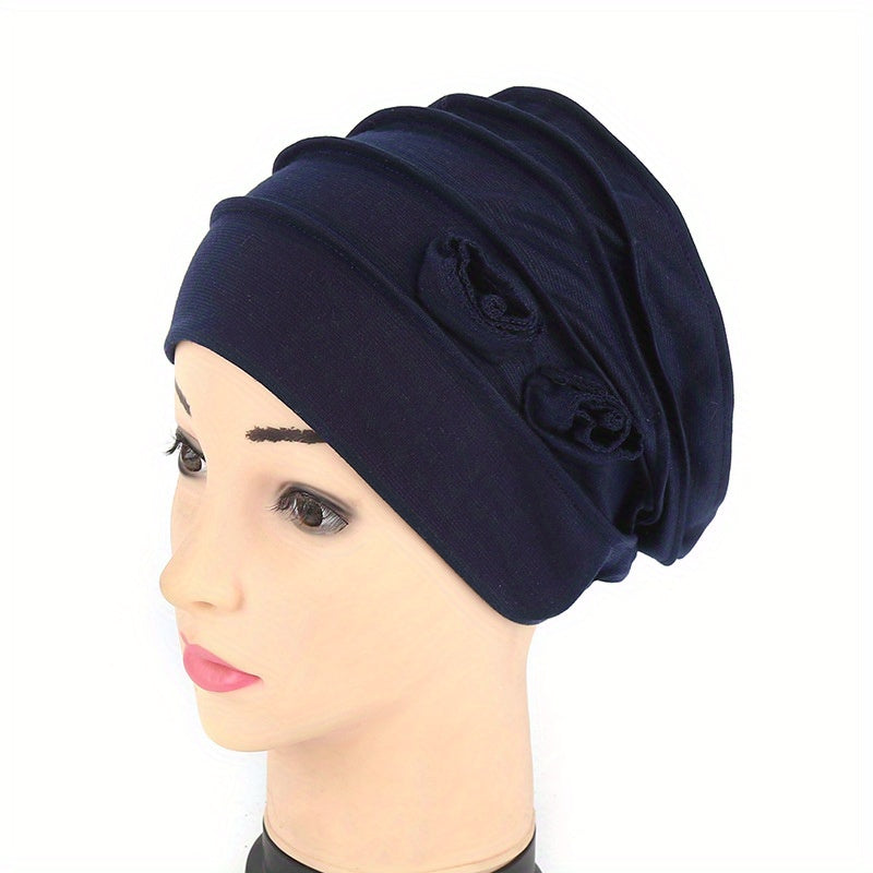 Double Flower Decor Turban Cap Head Wrap Solid Elastic Beanies Lightweight