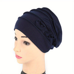 Double Flower Decor Turban Cap Head Wrap Solid Elastic Beanies Lightweight