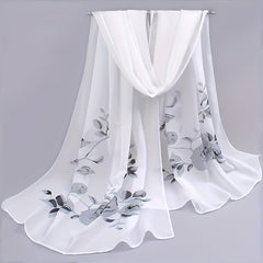Peony Print Thin Scarf Beach Sunscreen Travel Shawl Vintage Chiffon Silk Scarf