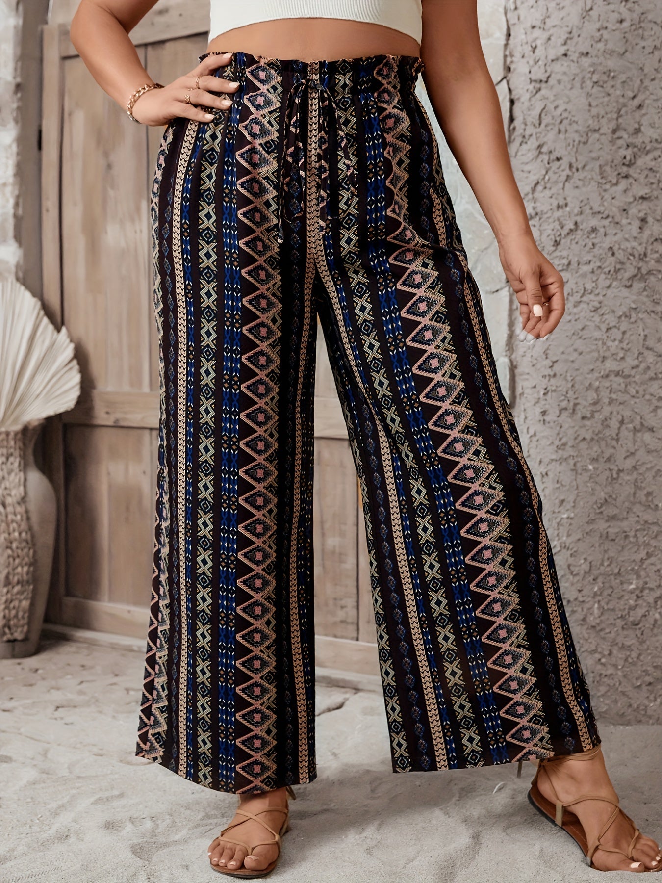  Colorblock Geometric Print Drawstring Pants