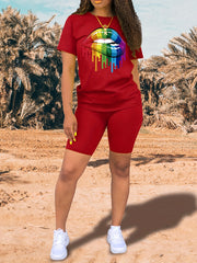 Lips Print Tee & Slim Shorts Set for Women