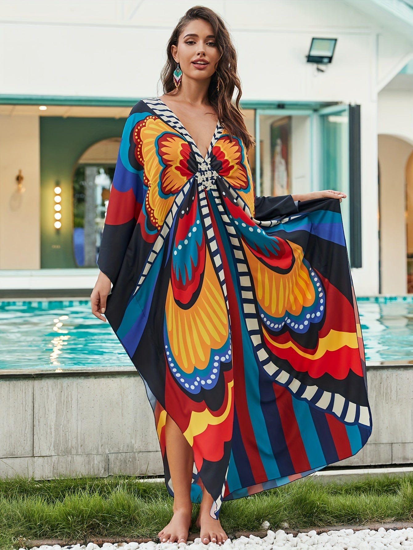  Allover Print Batwing Sleeve Maxi Jalabiya Dress
